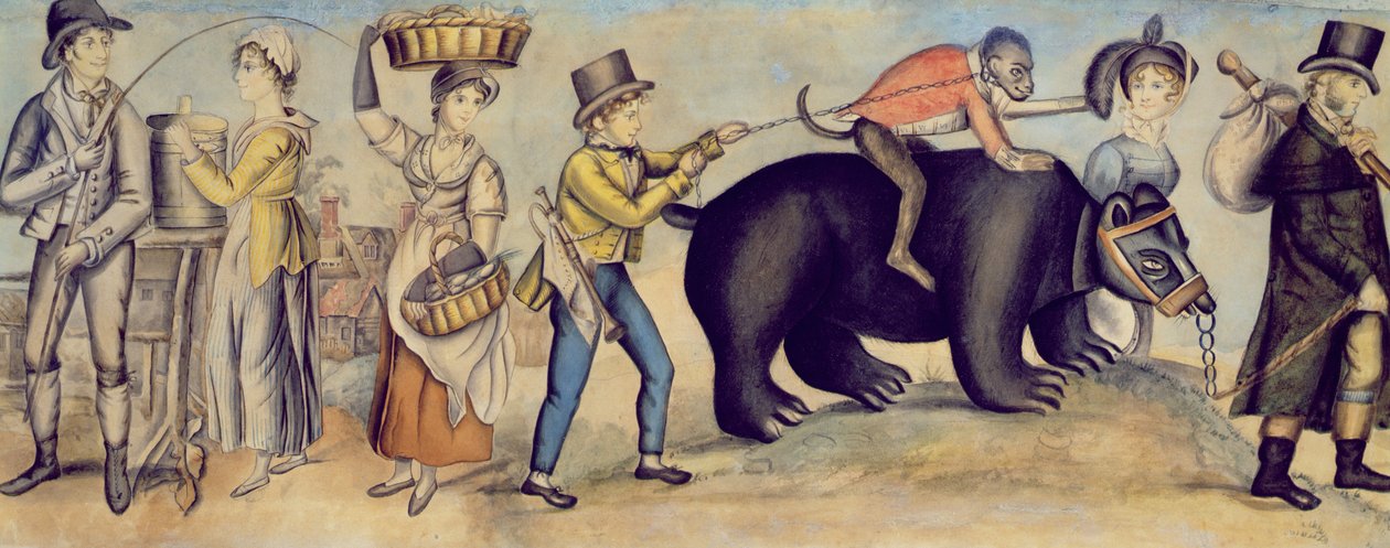 Gå til messen, detalje af en optrædende bjørn og abe, ca. 1815 af English School