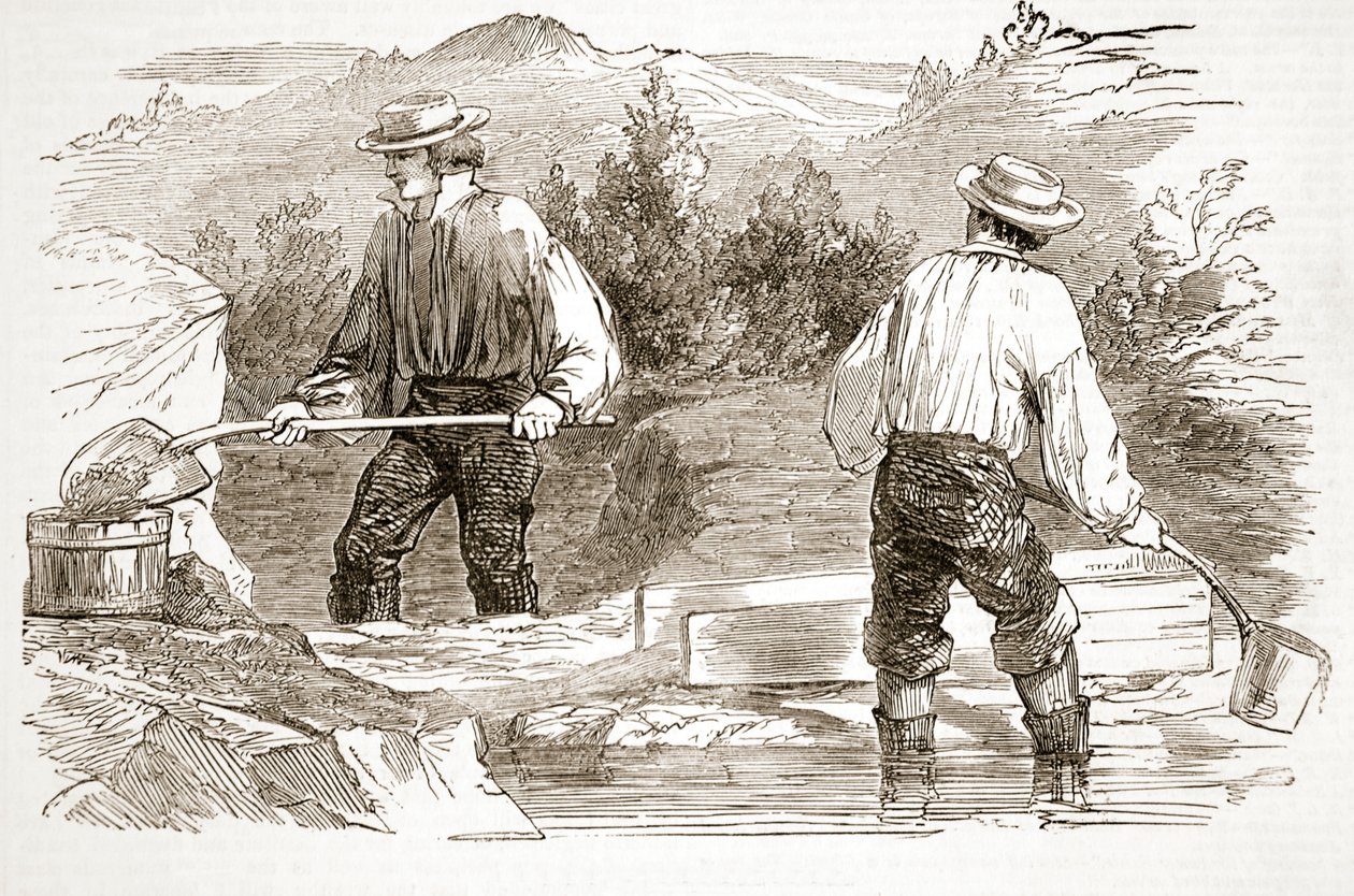 Gold-washing at the Diggings, fra The Illustrated London News, 1849 af English School