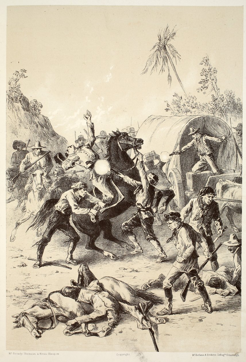 Guld-eskorte angrebet af Bush Rangers, fra The History of Australasia af David Blair, McGrady, Thomson og Niven, 1879 af English School