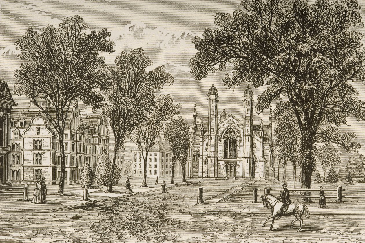 Gore Hall, Harvard University i ca. 1870, fra "American Pictures" udgivet af Religious Tract Society, 1876 af English School
