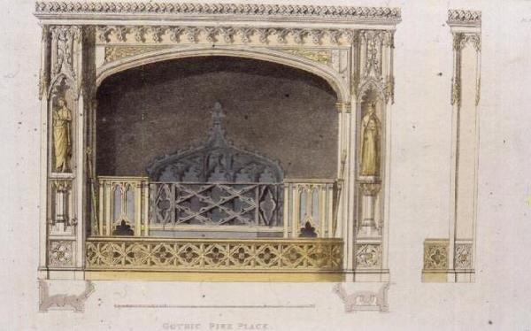 Gotisk pejs, plade 149 fra Ackermanns Kunstarkiv, udgivet 1825 (farve litho) af English School