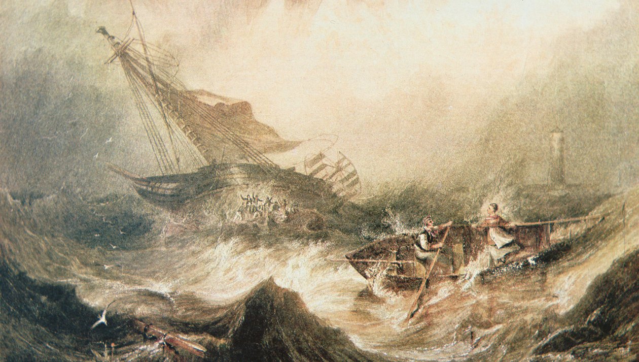 Grace Darling og hendes far ror til undsætning af Forfarshire ødelagt ud for Northumberlands kyst, 7. september 1838 (akvarel på papir) af English School