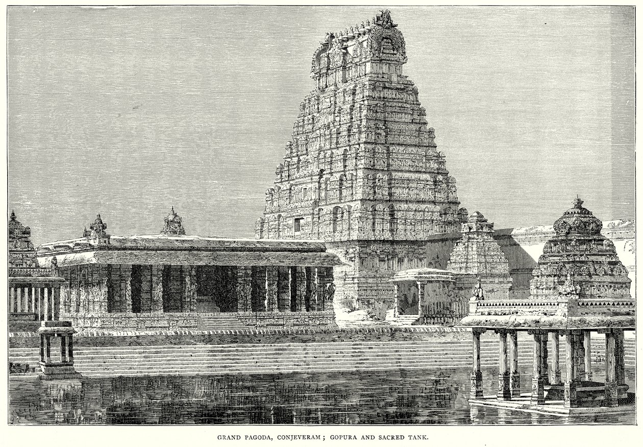 Grand Pagoda, Conjeveram; Gopura og hellig tank (gravering) af English School