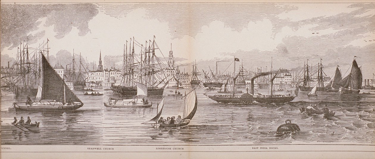 Grand Panorama of London, fra Themsen ser mod Shadwell, East India Docks and Limehouse, 1849 (trægravering) af English School