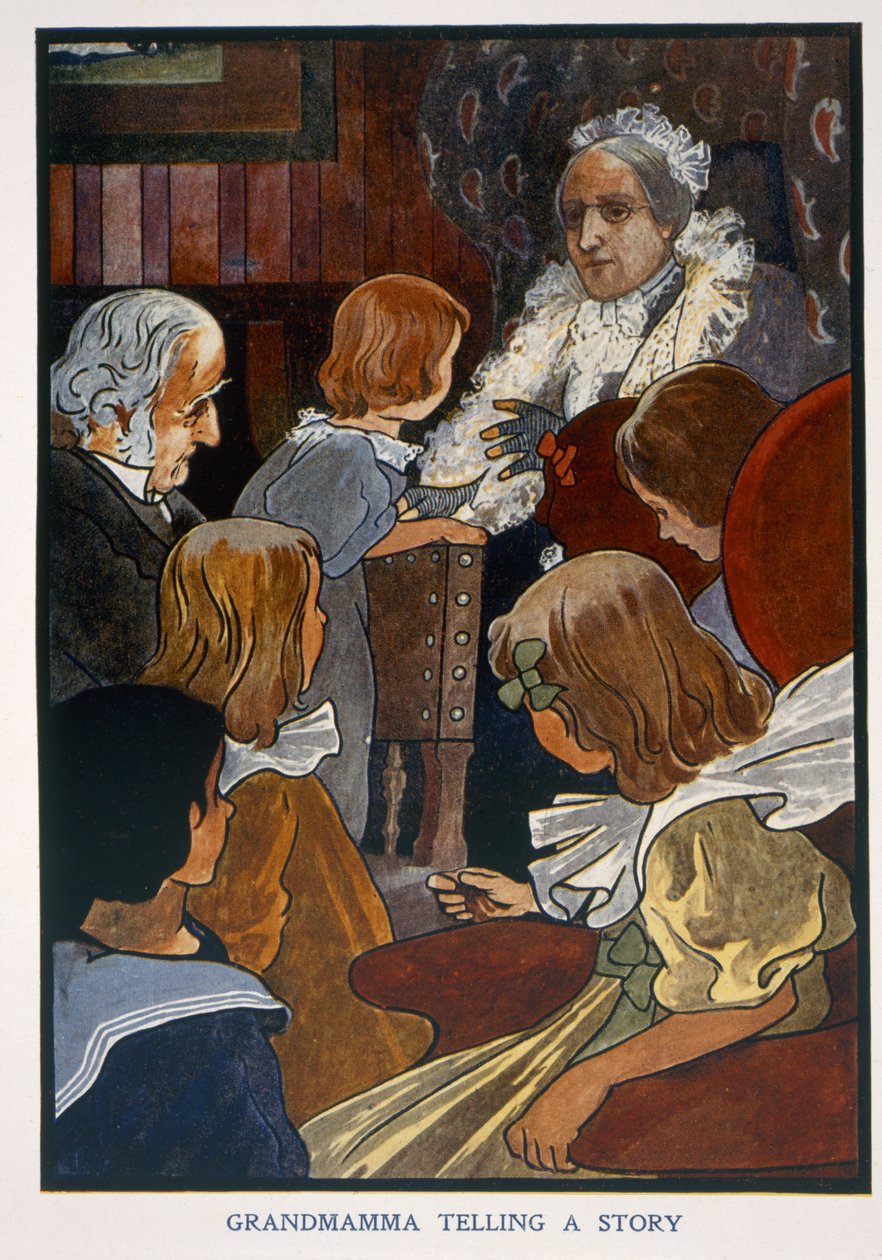 Bedstemor fortæller en historie (farve litografi) af English School