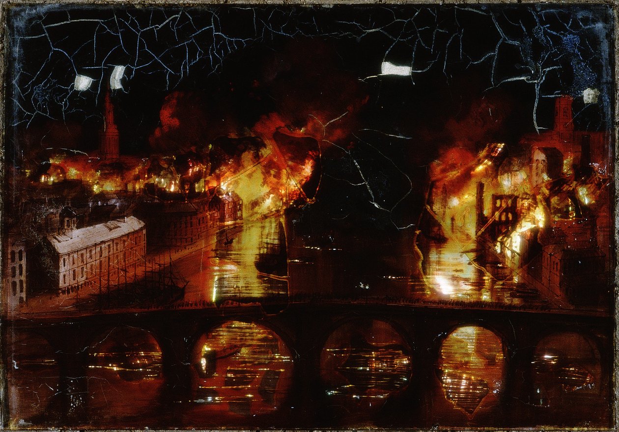 Great Fire of Newcastle upon Tyne (perlemor og olie på glas) af English School