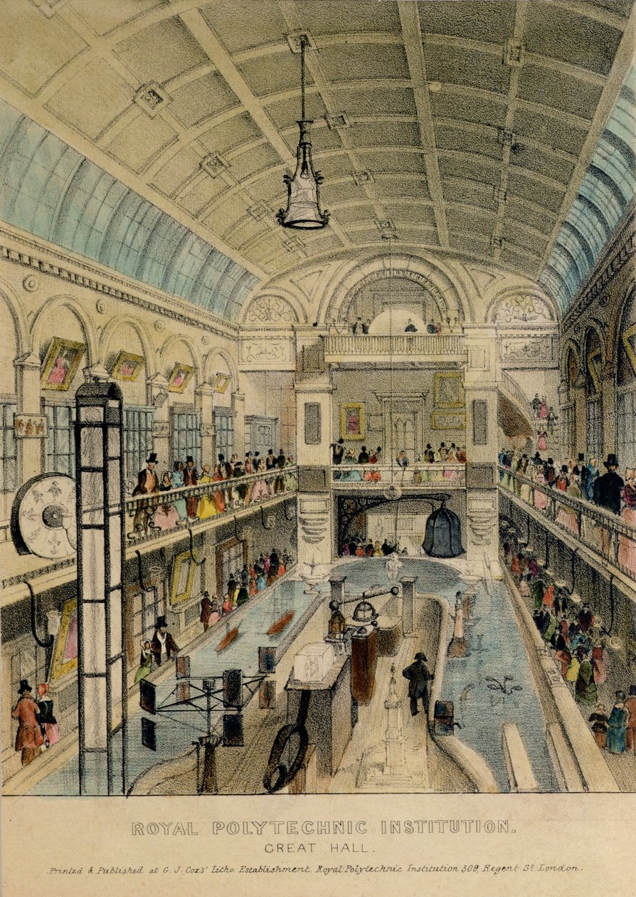 Great Hall of the Royal Polytechnic Institution, Regent Street, trykt af G.J. Cox, ca. 1840 af English School