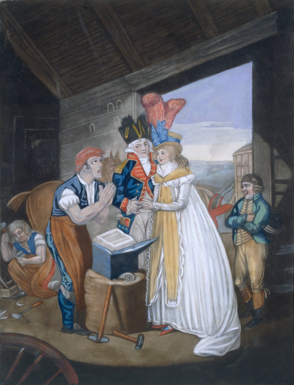 Gretna Green, eller det rødglødende ægteskab, pub. Af Aurrie & Whittle, 1794 88:Oh! Hr. Smed, lind vores smerter - og bind os fast i Wedlocks Chains 99:female; traditionelle kostume; tra af English School