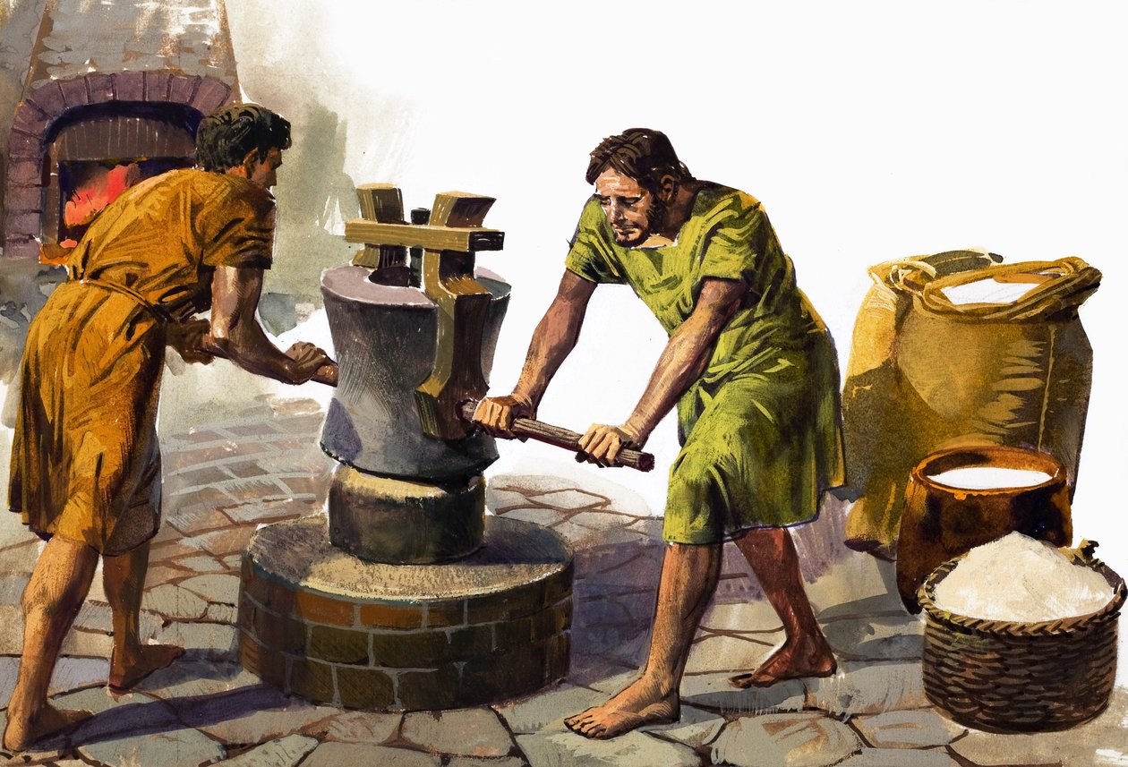 Grinding Corn (gouache på papir) af English School