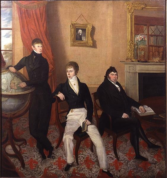 Gruppeportræt af tre mænd i et udførligt stueinteriør, ca. 1825 (olie på lærred) af English School