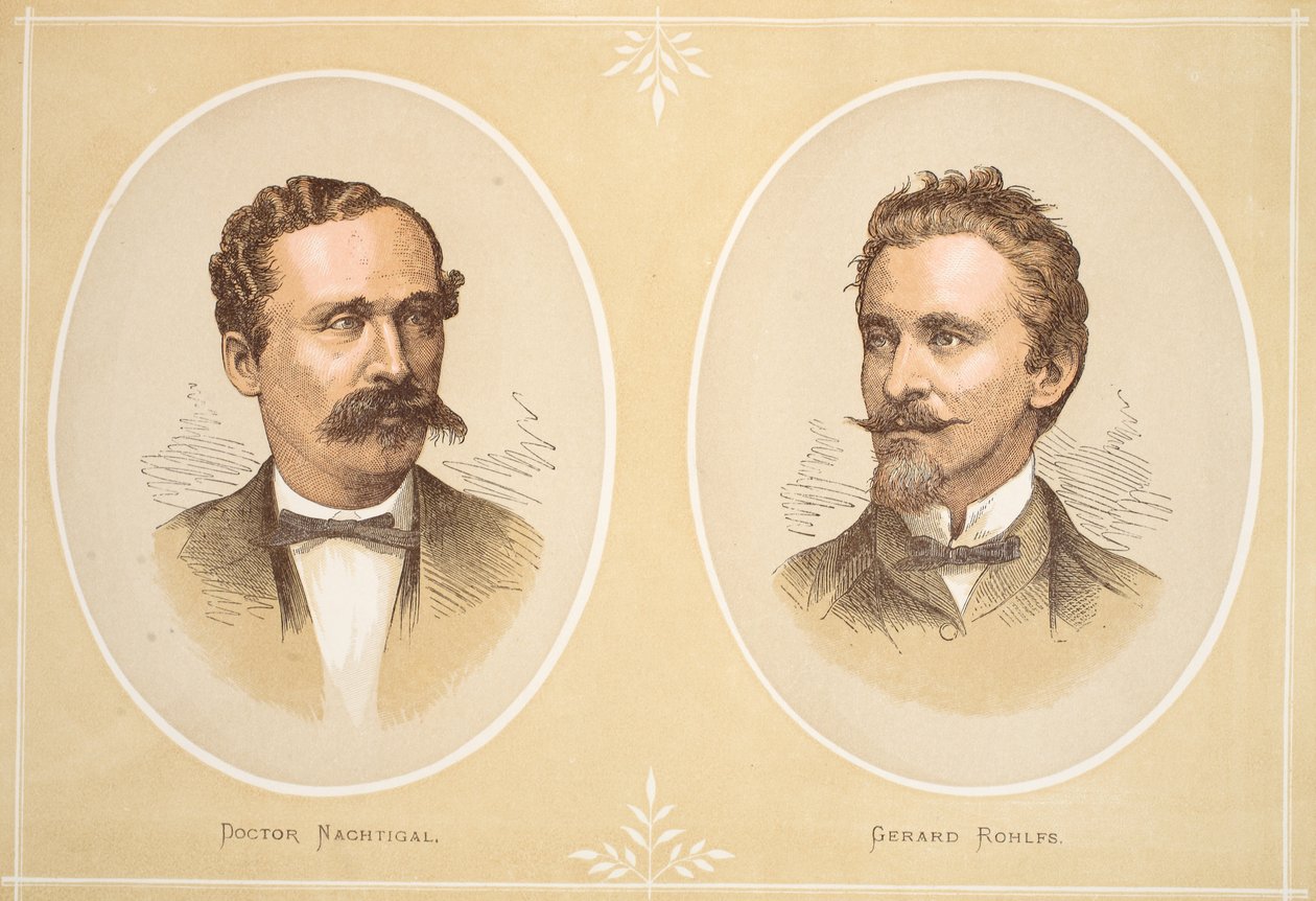 Gustav Nachtigal og Gerard Rohlfs, illustration fra The Pictorial Edition of the Life and Discoveries of David Livingstone af J. Ewing Richie, pub. af A. Fullarton & Co., 1876 af English School