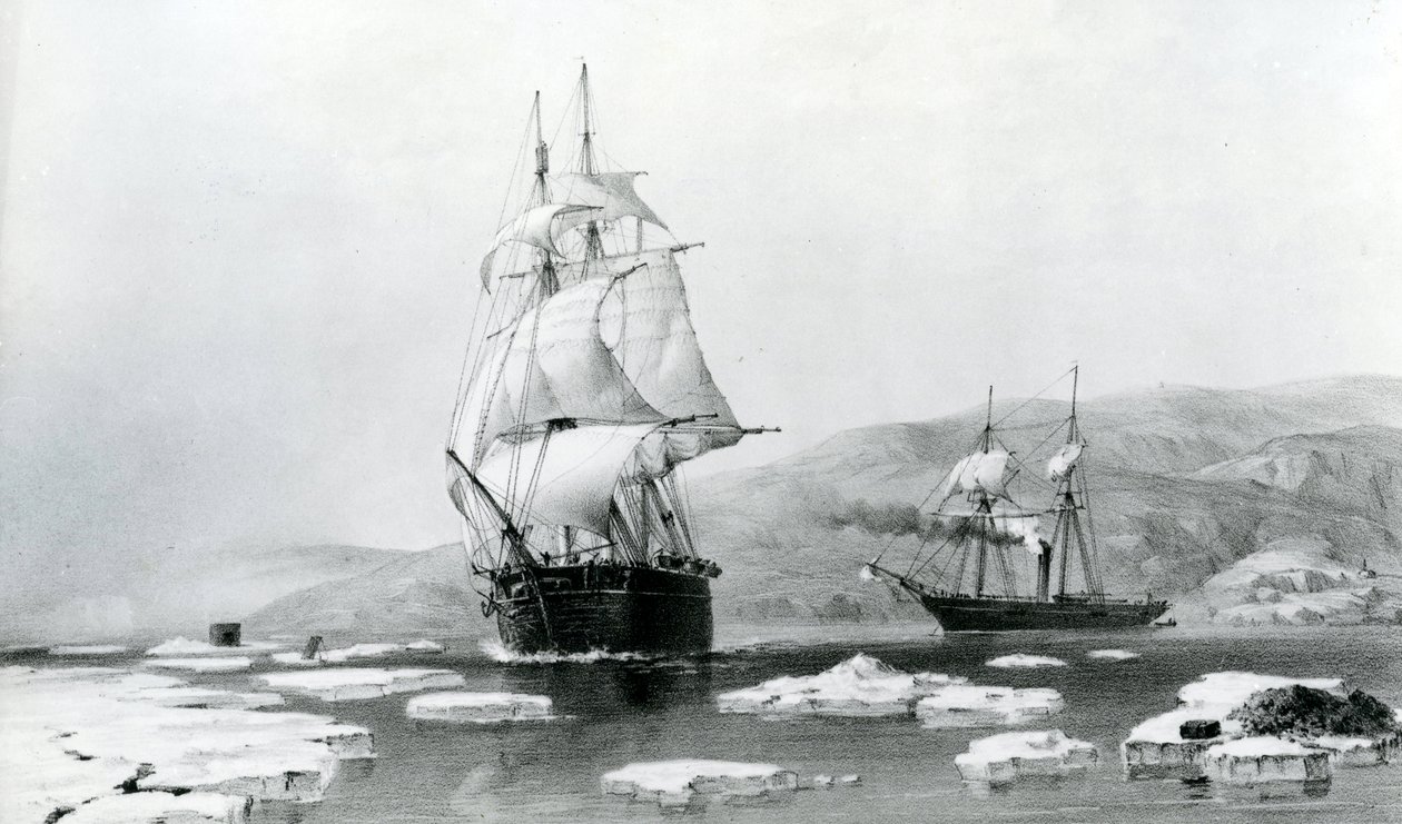 HMS Assistance og Pioneer bryder ud af vinterkvarteret i 1854 (litografi) af English School