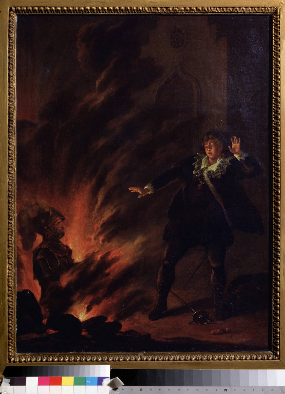 ""Hamlet vendt mod sin fars spøgelse"" (Hamlet and the Ghost of His Father) Illustration til skuespillet Hamlet af William Shakespeare (1564-1621) Maleri fra den engelske skole i begyndelsen af ​​det 19. århundrede Dim. 65x51 cm Pushkin Museum , Moskva af English School