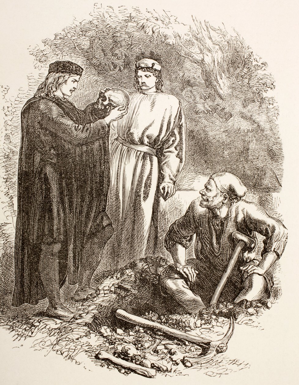 Hamlet holder kraniet af Yorick, illustration af Akt V, Scene I i Hamlet, fra 