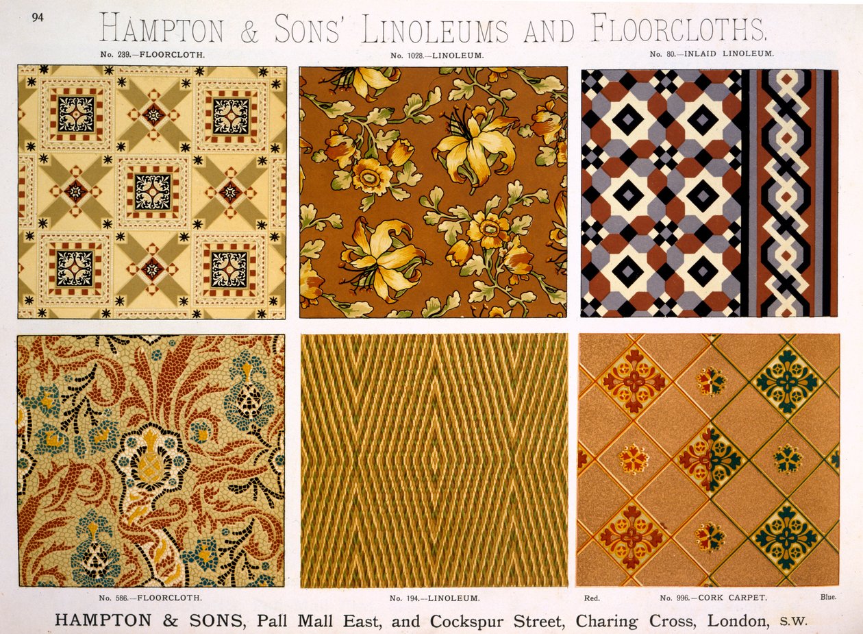 Hampton & Sons-design til linoleum og gulvklude, sent C19 af English School