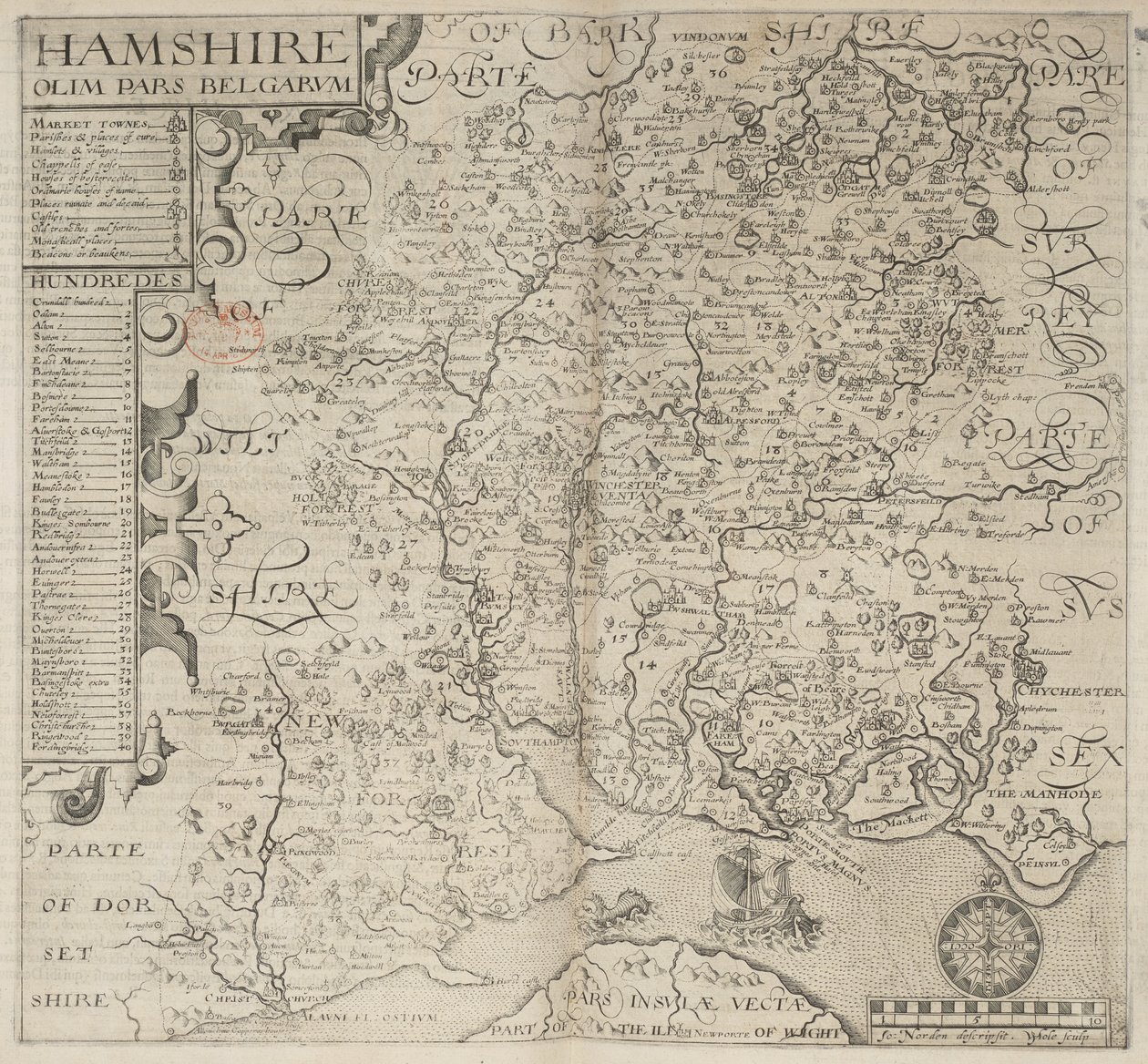 Hampshire, tidligere en del af belgierne. J. Norden beskrevet W. Hole sculp., fra Camdens "Britannia". 6. udgave. fol. 187 (gravering) af English School