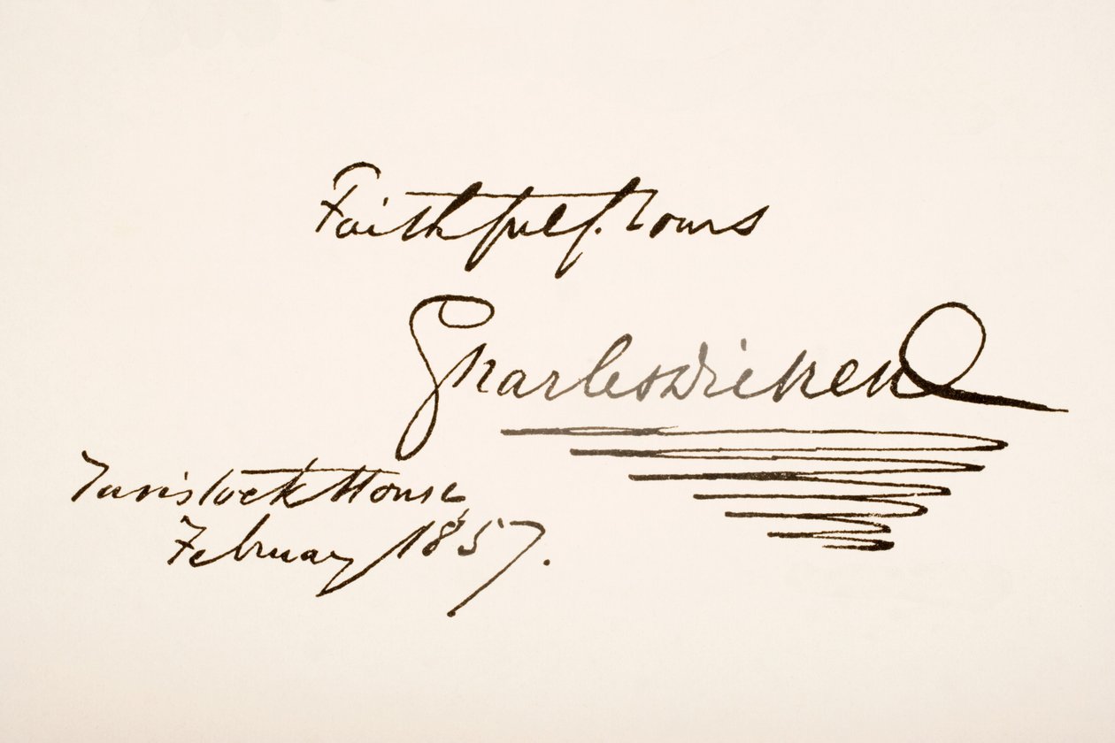 Håndskrift og underskrift af Charles Dickens, 1857 af English School