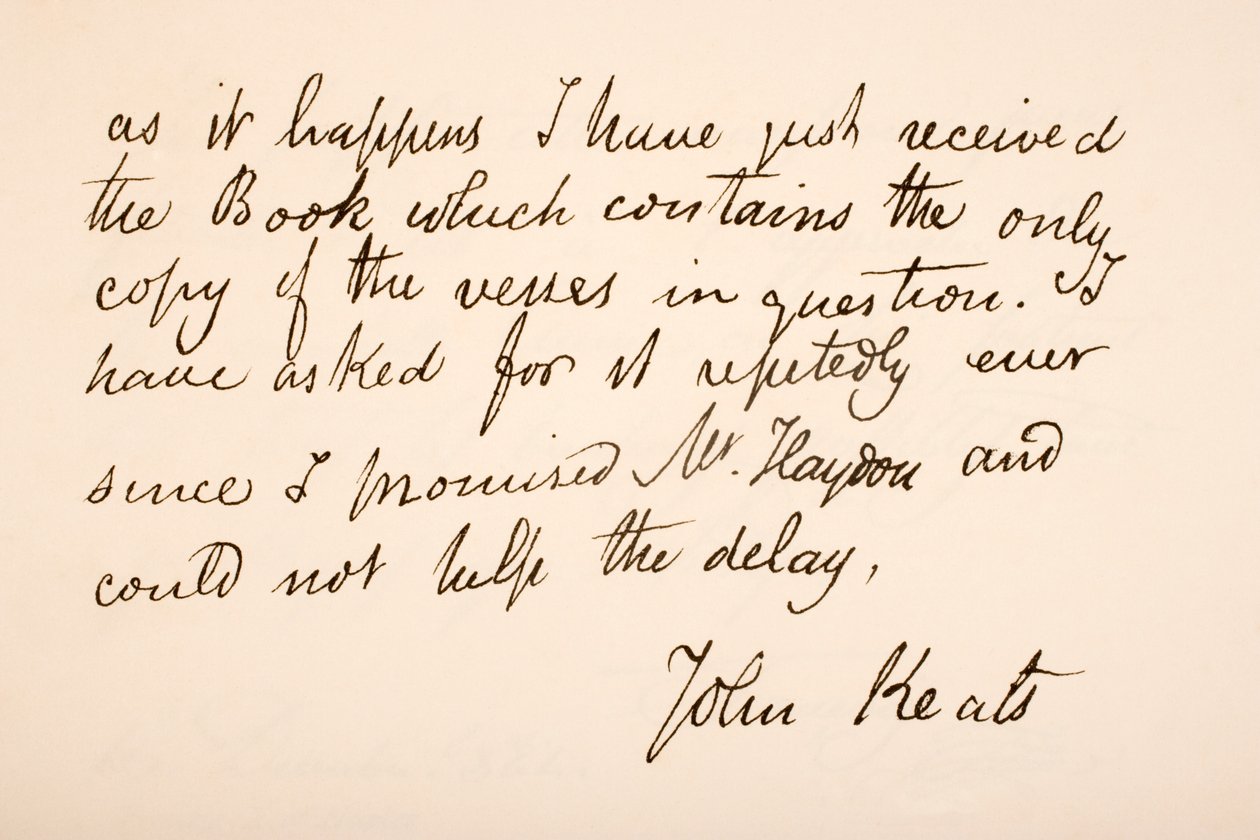 Håndskrift og signatur af John Keats af English School
