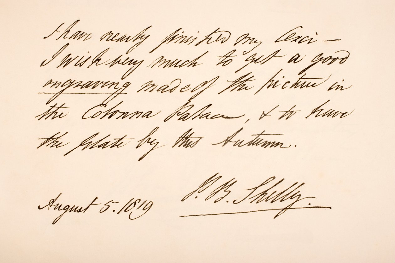 Percy Bysshe Shelleys håndskrift og underskrift, 1819 af English School