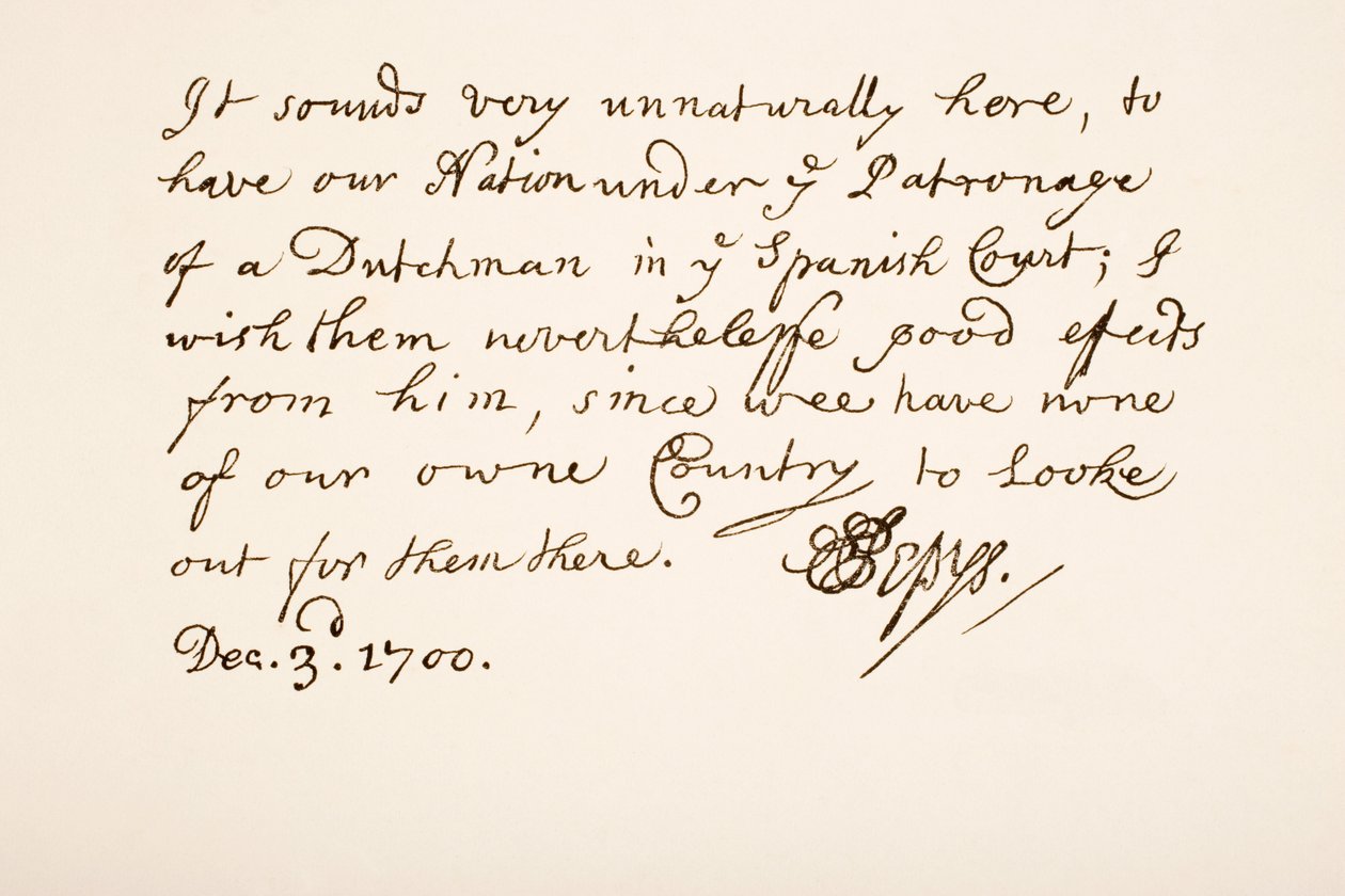 Håndskrift og underskrift af Samuel Pepys, 1700 af English School