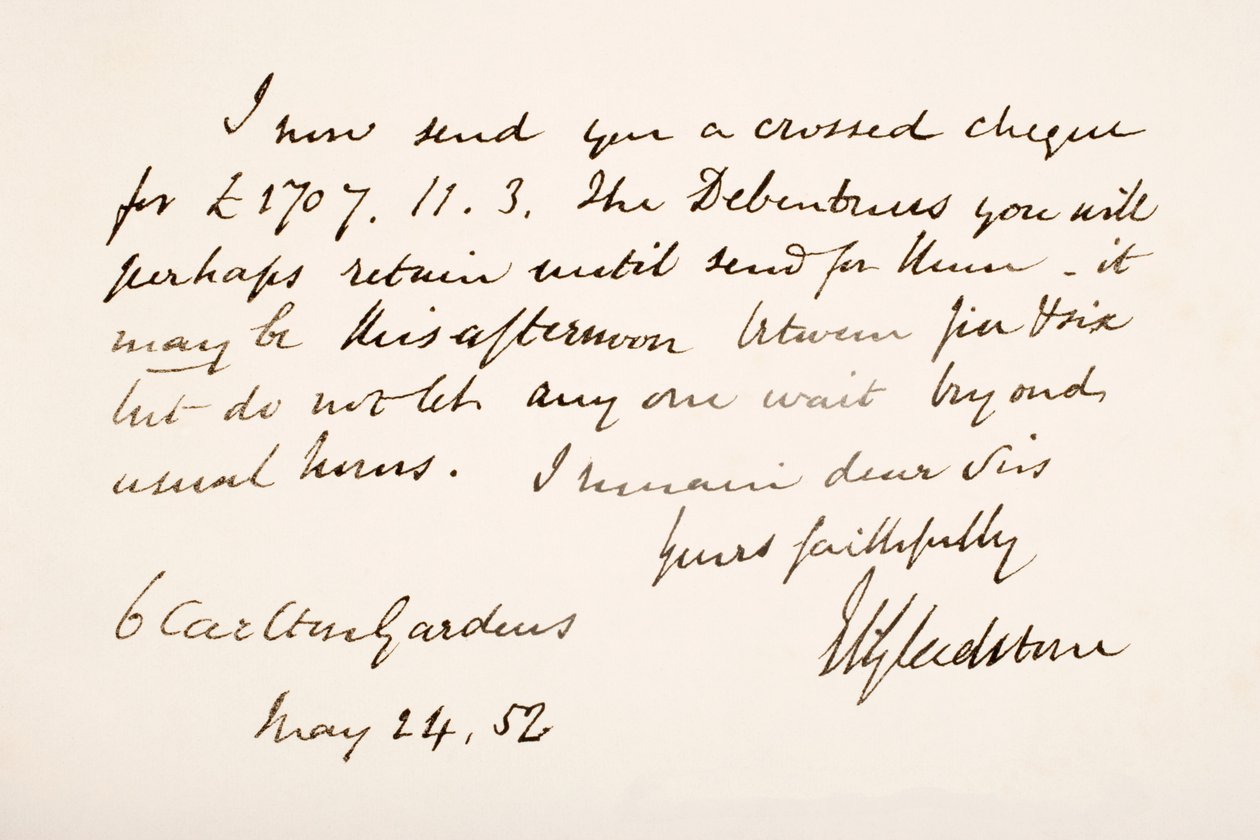 Håndskrift og underskrift af William Eward Gladstone, 1852 af English School