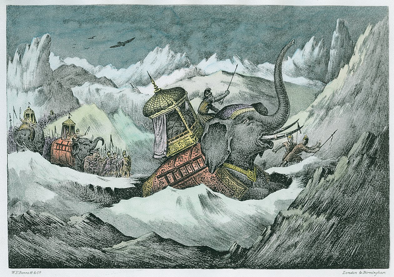 Hannibal (247-c.183 f.Kr.) og hans krigselefanter krydser Alperne (senere farvelægning) af English School