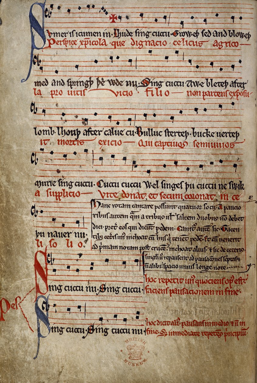 Harl 978 fol.11v Sumer er icumen i, fra Sommerkanonen (Reading Rota) (vellum) af English School