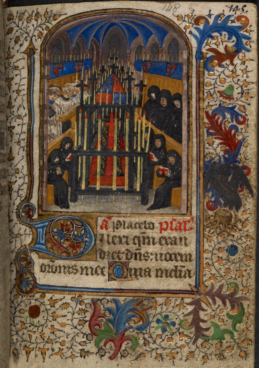 Harley 1251, fol.148 En begravelsesgudstjeneste med kisten dækket af John, Duke of Bedfords våben, fra 