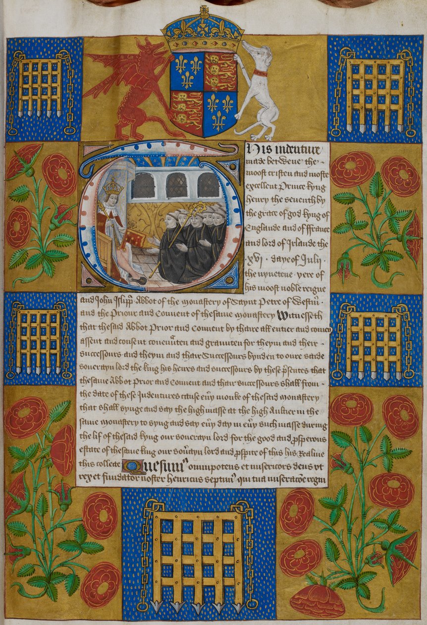 Harley 1498, f.1 Henry VII præsenterer aftalen til John Islip, Abbed of Westminster Abbey, Indentures of Westminster Abbey (vellum) af English School