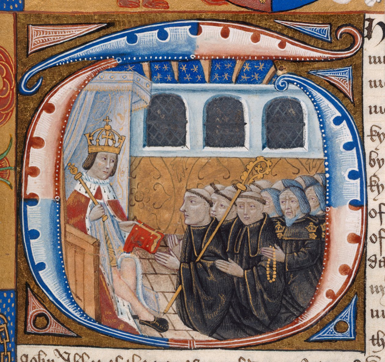 Harley 1498, f.59 Historikeret initial, der viser kong Henry VII, der modtager bogen, illustration fra 