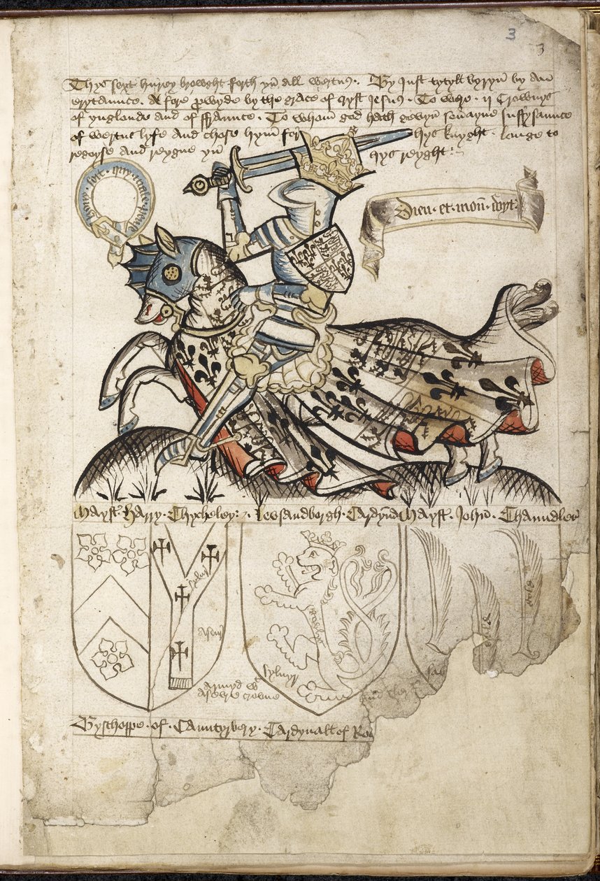 Harley 2169 f. 3 Henrik VI til hest, våbenskjolde på Henrik VI
