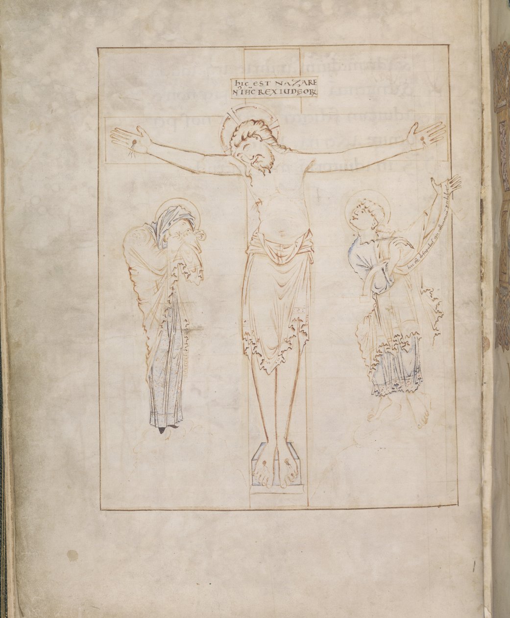 Harley 2904, f.3v, Korsfæstelsen; med Jomfruen, og St. John, der indskrev sit vidnesbyrd på en rulle, fra Ramsey Psalter, ca. 900-1000 (vellum) af English School
