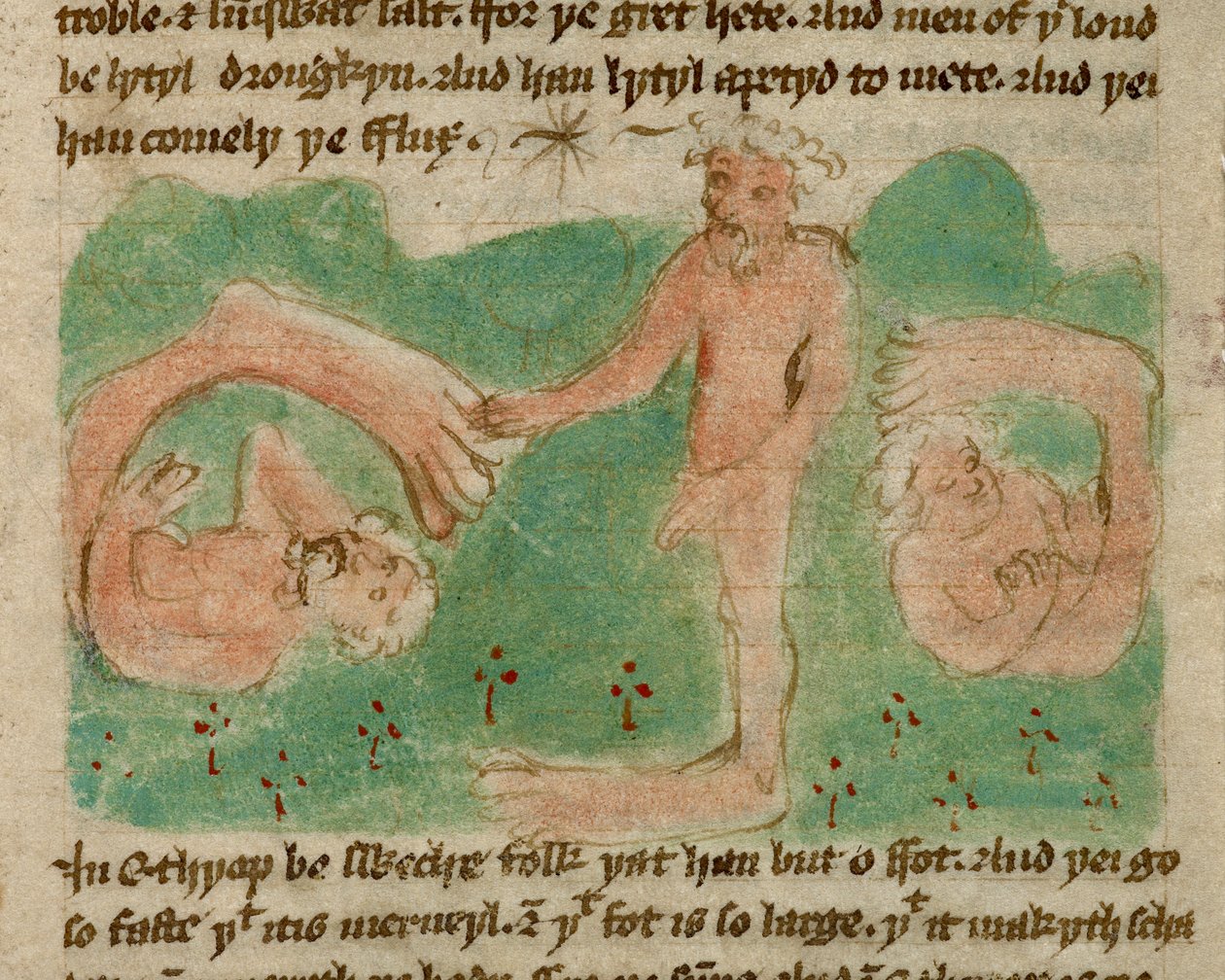 Harley 3954, f.31, En farvet tegning, der viser mytiske mennesker i Etiopien født med kun én fod (en sciopod), for at skygge dem for solen, fra 