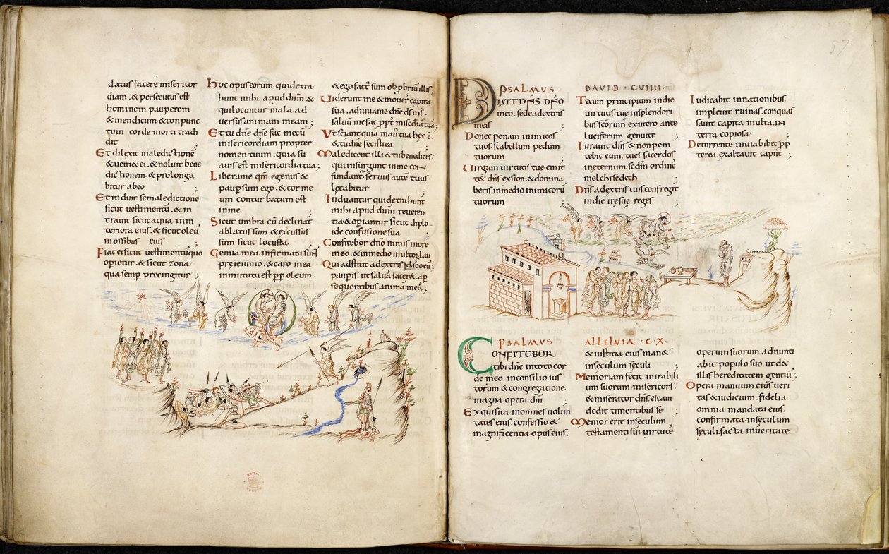 Harley 603 ff.56v-57, Dobbeltsidet opslag fra Harley Psalter med pentegninger. af English School