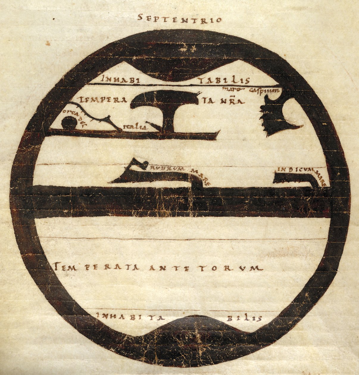 Harley MS 2772 f. 70v, Diagrammatic Zonal World Map, c.1050 (blæk & tempera på pergament) af English School