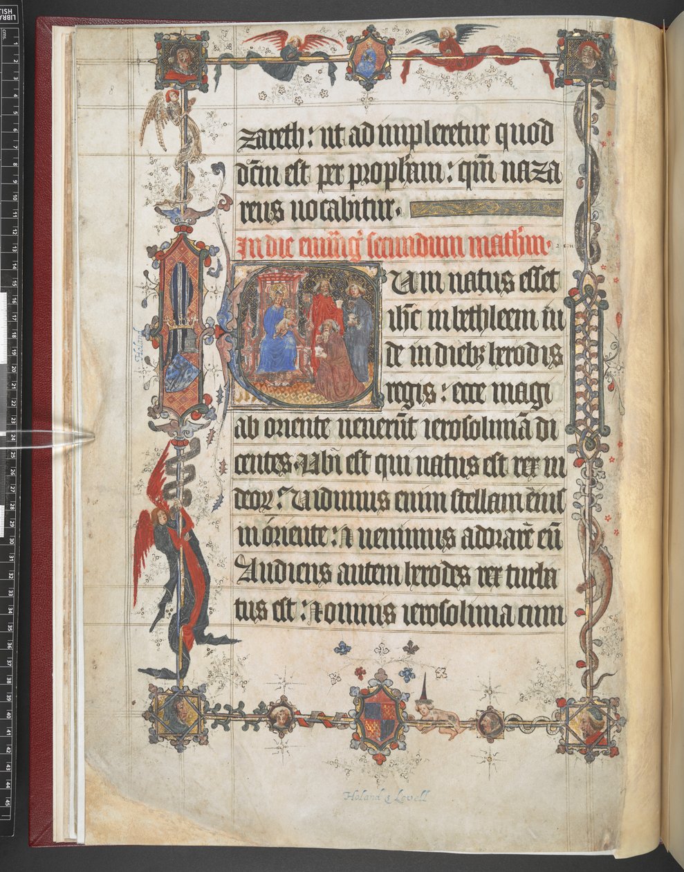 Harley MS 7026, f.7v, Adoration of the Magi historisk initial, fra 