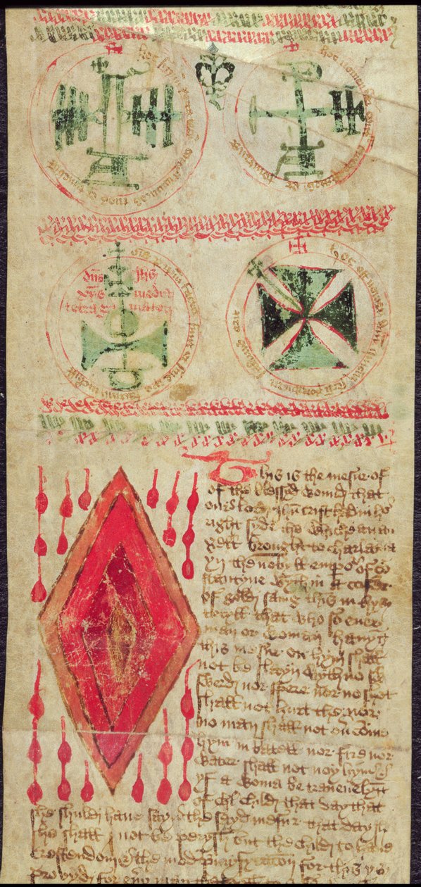 Harley Ms T.11 Magiske figurer og Kristi sår fra en bønnerulle (vellum) af English School