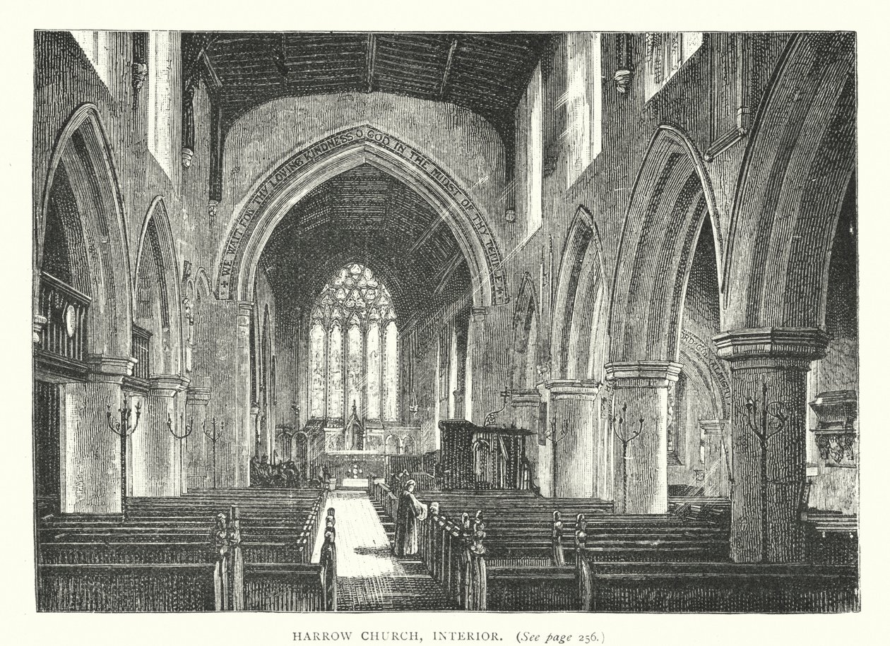 Harrow Church, interiør (kobberstik) af English School