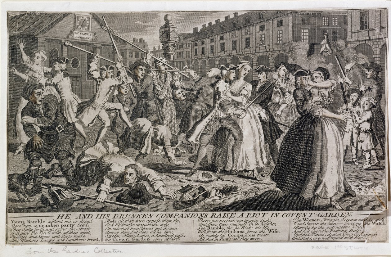 Han og hans berusede ledsagere rejser et oprør i Covent Garden, 1735 af English School