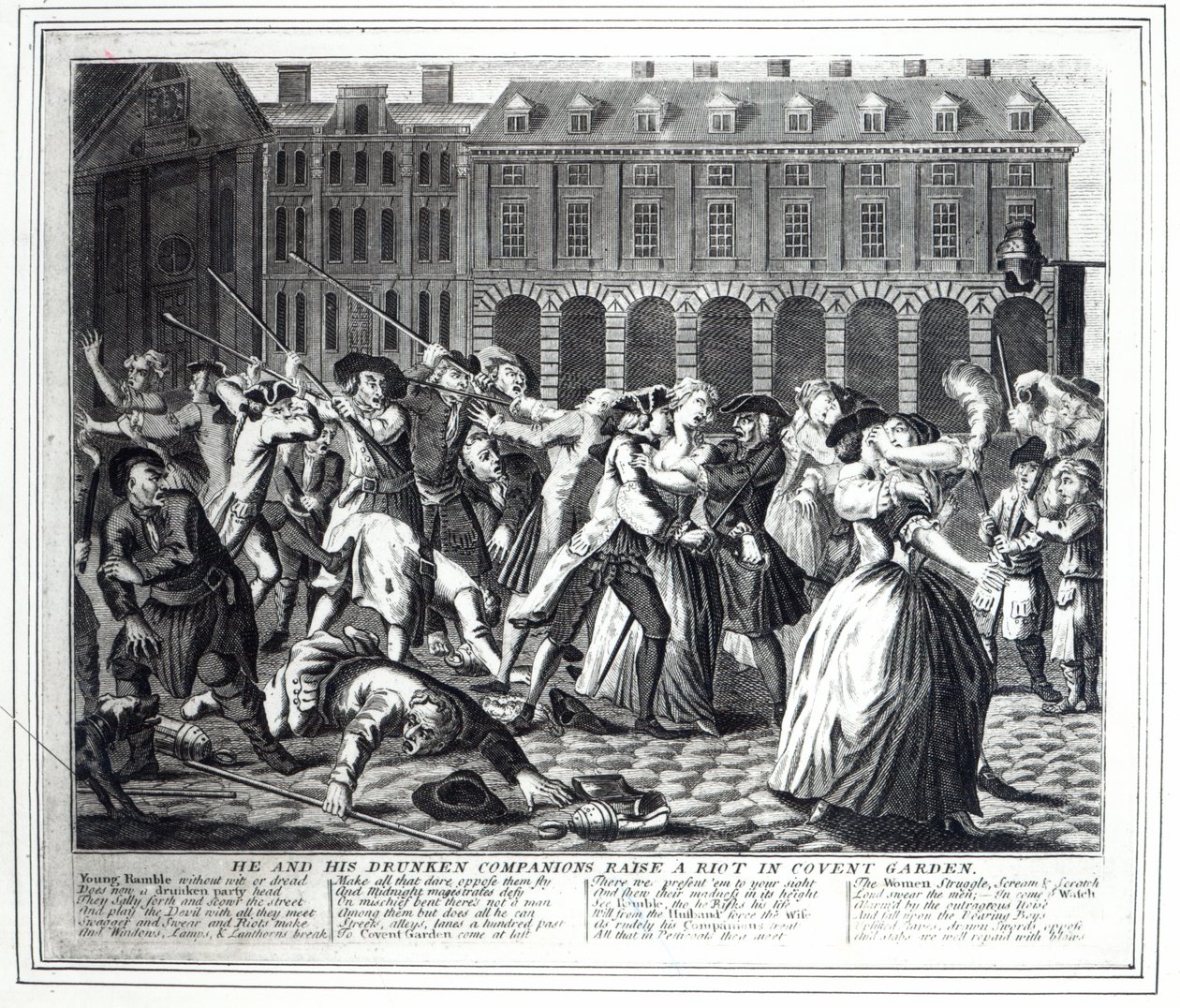 He and His Drunken Companions Raise a Riot in Covent Garden, fra en piratkopieret serie baseret på Hogarths 