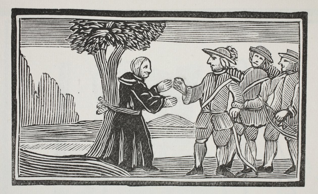 Han bandt abbeden til et træ, illustration fra Chap-books of the Eighteenth Century af John Ashton, pub. 1882 af English School
