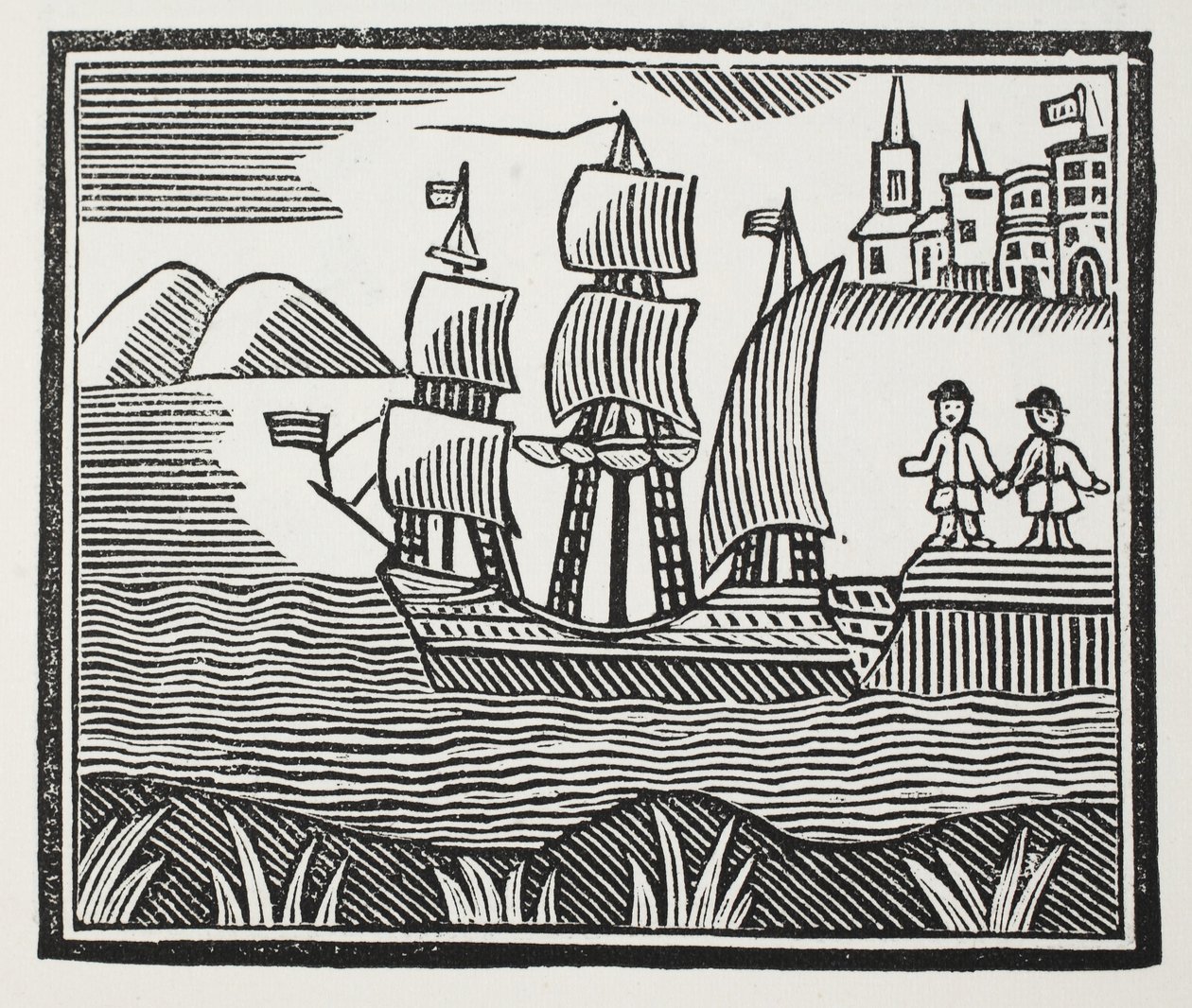 Han sætter sejl på sin begivenhedsrige rejse, illustration fra Chap-books of the Eighteenth Century af John Ashton, pub. 1882 af English School