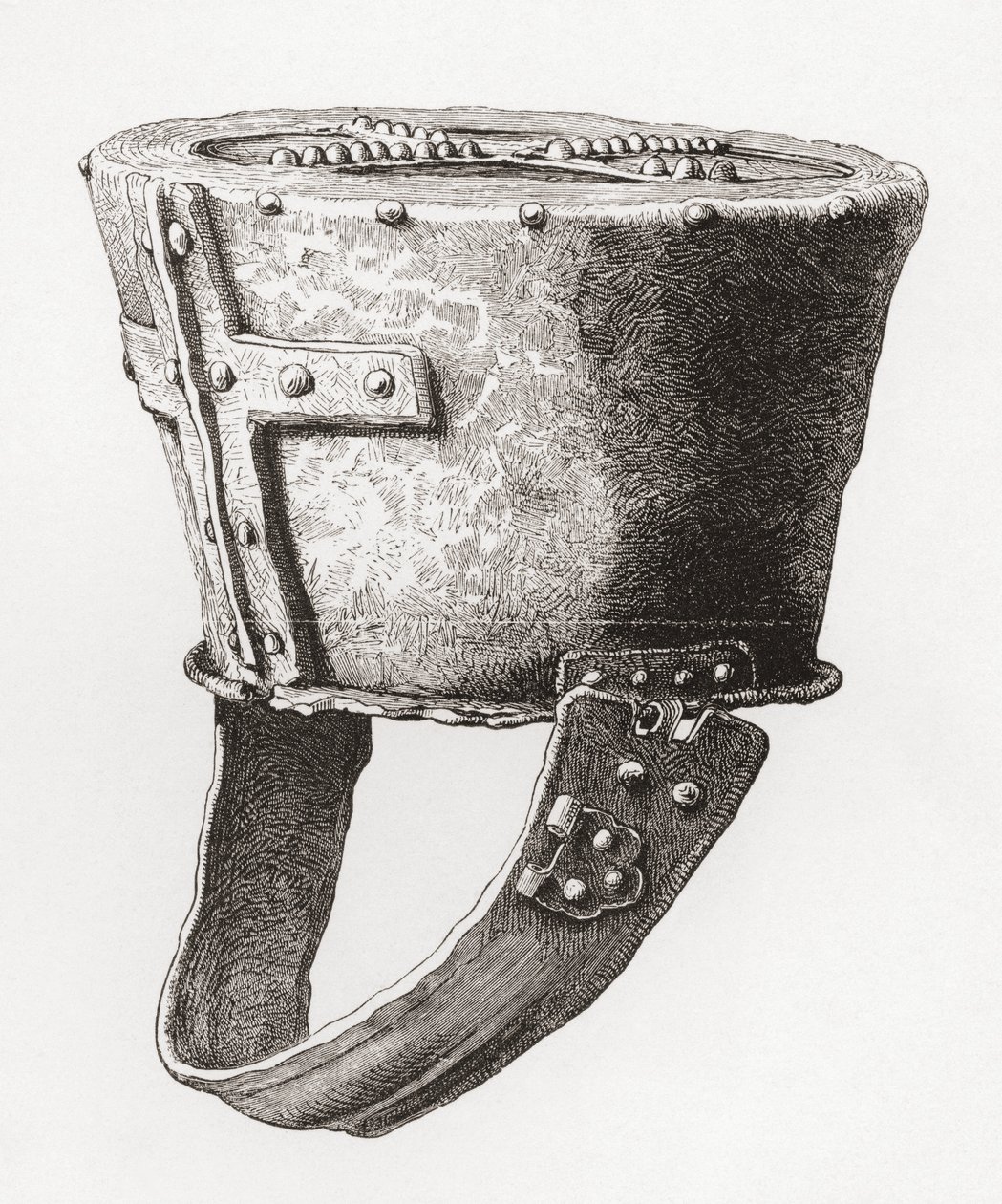 Hjelm, fra Castle Pomeroy, England, fra ca. 1100-tallet, fra The British Army: Its Origins, Progress and Equipment, udgivet 1868. af English School