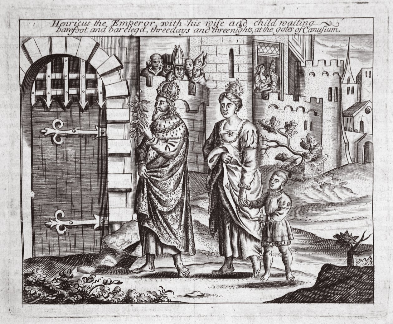 Kejseren Henricus med sin kone og barn venter, barfodet og barbenet, tre dage og tre nætter ved Canusuams porte, illustration fra Acts and Monuments af John Foxe, niende udgave, af English School