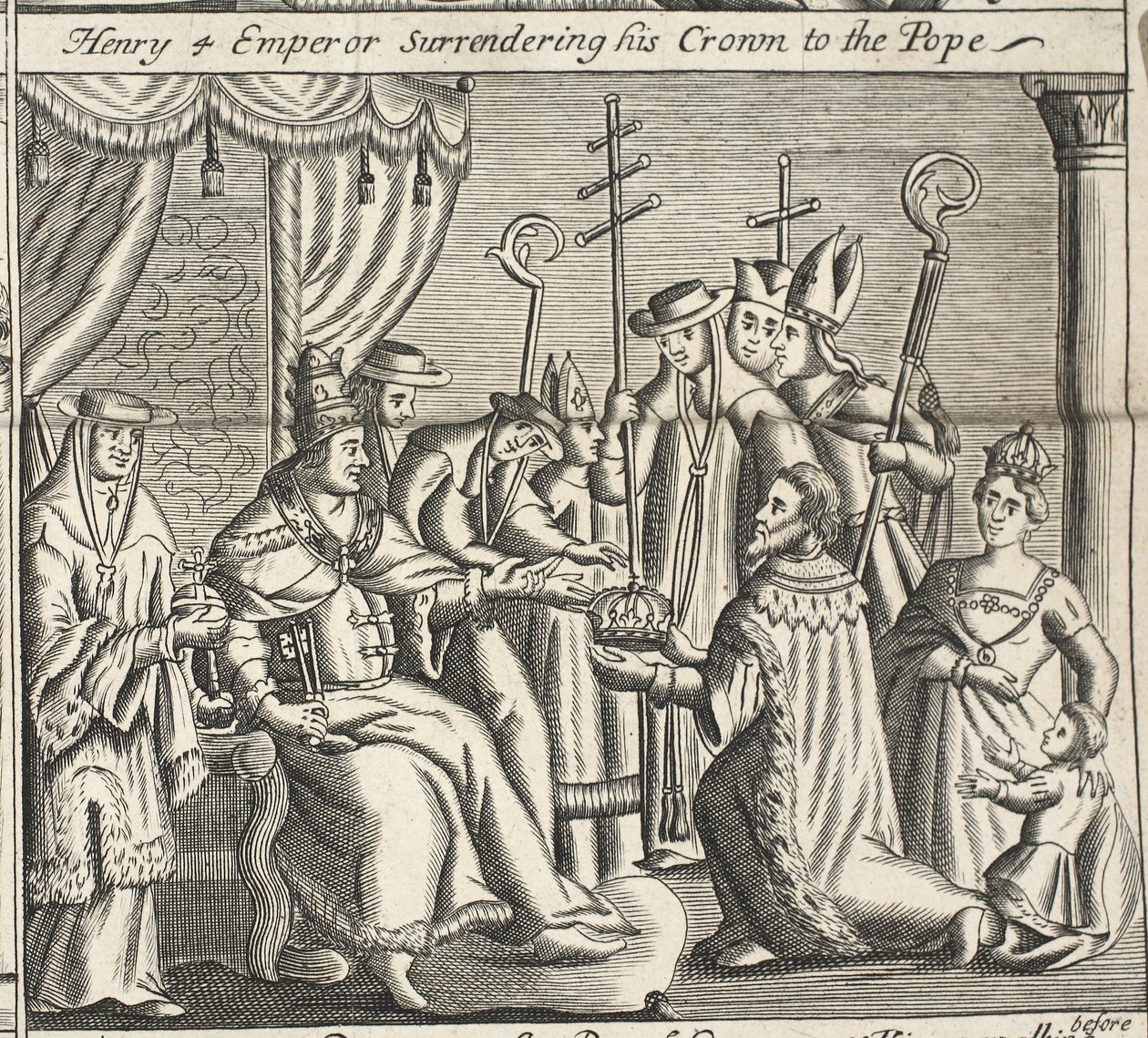 Henry 4 Kejser overgiver sin krone til paven, illustration fra Acts and Monuments af John Foxe, niende udgave, pub. 1684 af English School