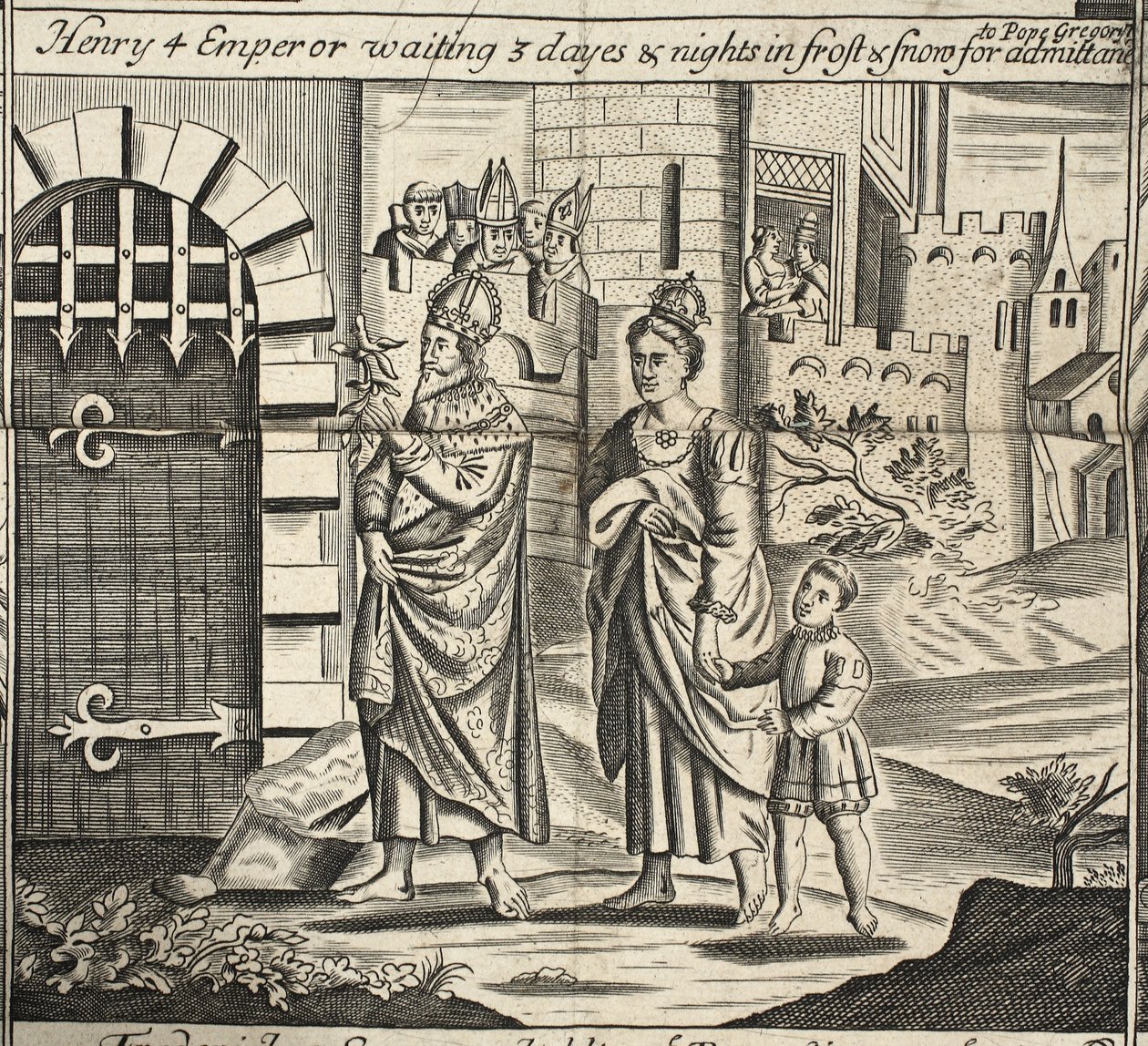 Henry 4 Kejser venter 3 dage og nætter i frost og sne på optagelse til pave Gregory, illustration fra Acts and Monuments af John Foxe, niende udgave, pub. 1684 af English School