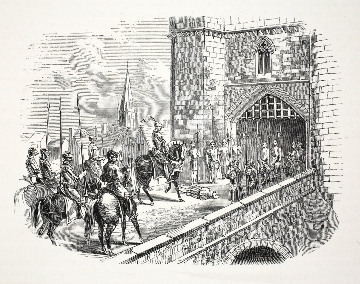 Henry Earl of Richmonds (bagefter Henry VII) indgang til Shrewsbury over Mayors krop, pub. 1800-tallet (stålgravering) af English School