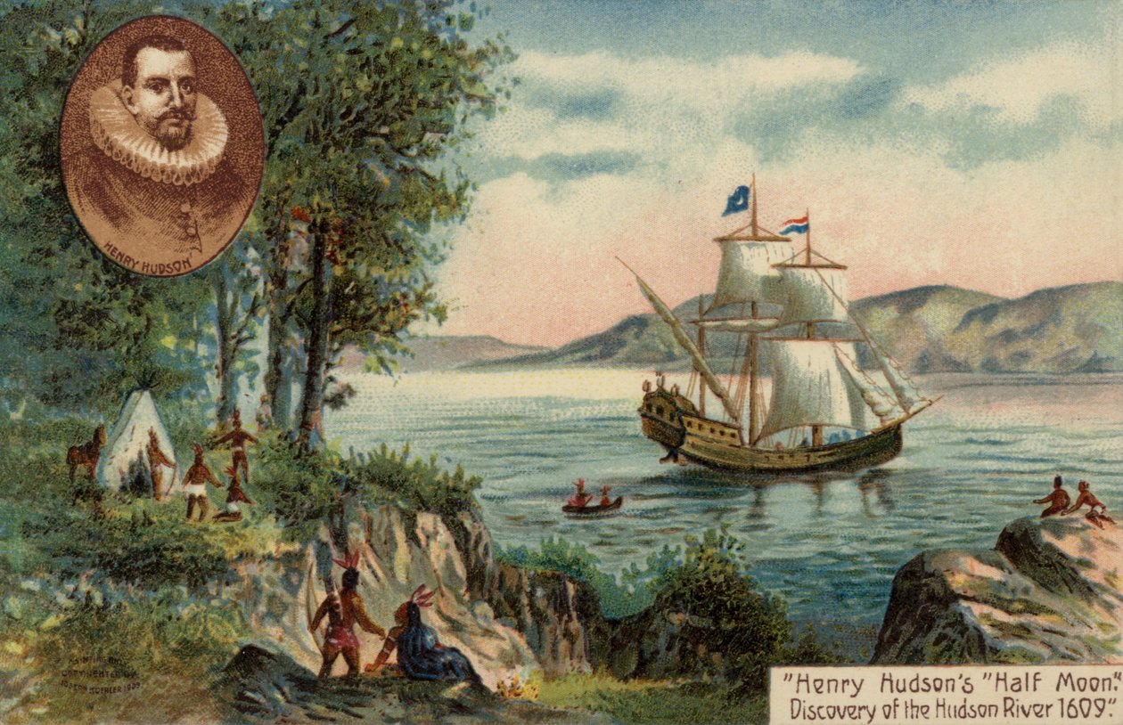 Henry Hudsons skib Half Moon på opdagelse på Hudson-floden, Nordamerika af English School
