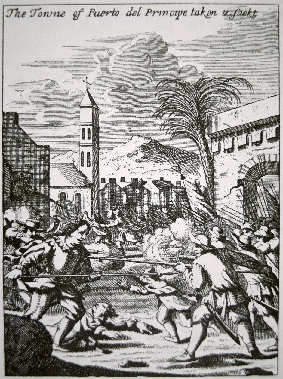 Henry Morgan fanger og plyndrer byen Puerto de Principe, Cuba, i 1668, illustration fra 