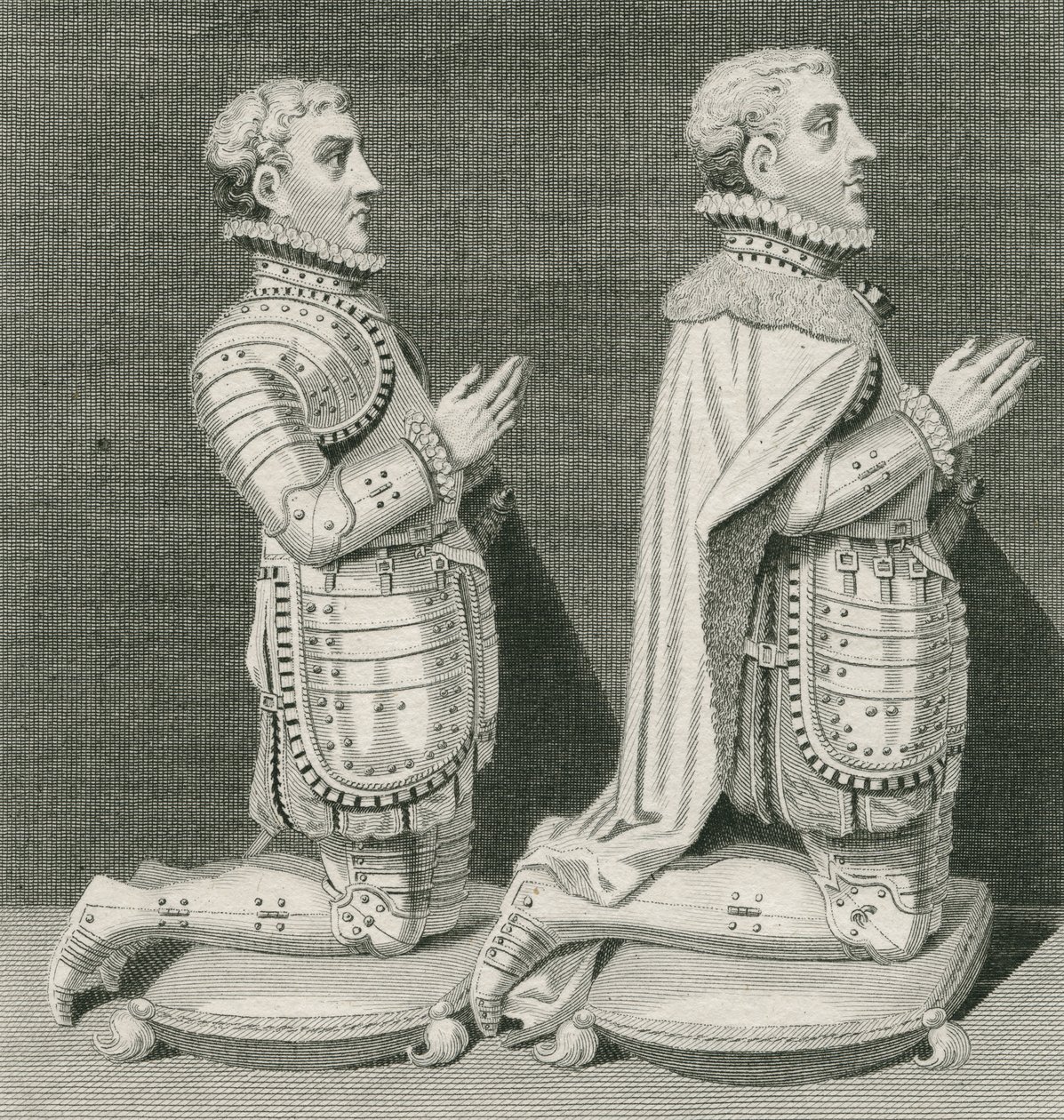 Henry Stuart, Lord Darnley og hans bror Charles Stuart, jarl af Lennox, knælende foran deres mors grav i Westminster Abbey, indgraveret af Andrew Birrell, 1796 af English School